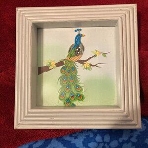VTG Origami Paper Art PEACOCK (4.25" x 4.25")-White 6" X 6" Frame-Handcraft VGUC